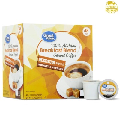 Great Value 100% Arabica Breakfast Blend Medium Roast Ground Coffee Pods, 48 Ct