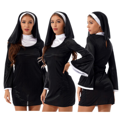 Women Costume Stage Dress Carnival Skirt With Headscarf Clubwear Halloween Nun