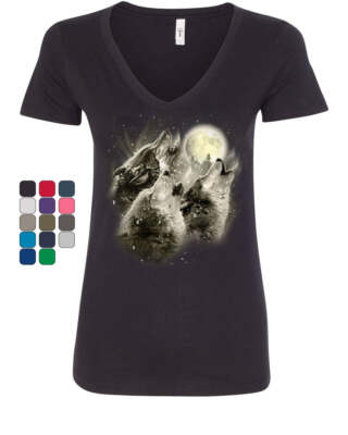 Wolf Howl Women's V-Neck T-Shirt Wild Wolf Pack Predator Animals Nature Moon