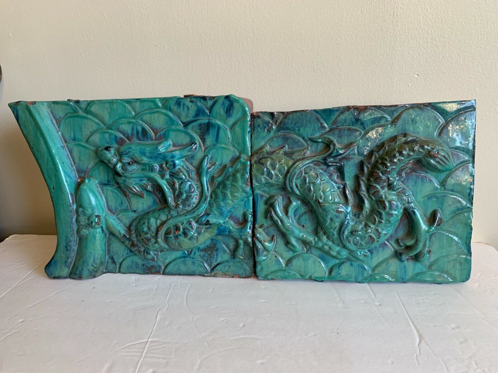 TWO PIECE 19TH CENTURY ARCHITECTURAL BRICK DRAGON WITH  HIGH GLAZE FINISH 