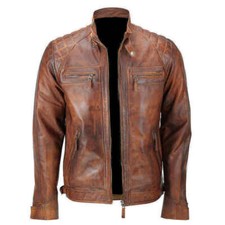 Mens Biker Quilted Vintage Distressed Motorcycle Cafe Racer Leather Jacket - B2