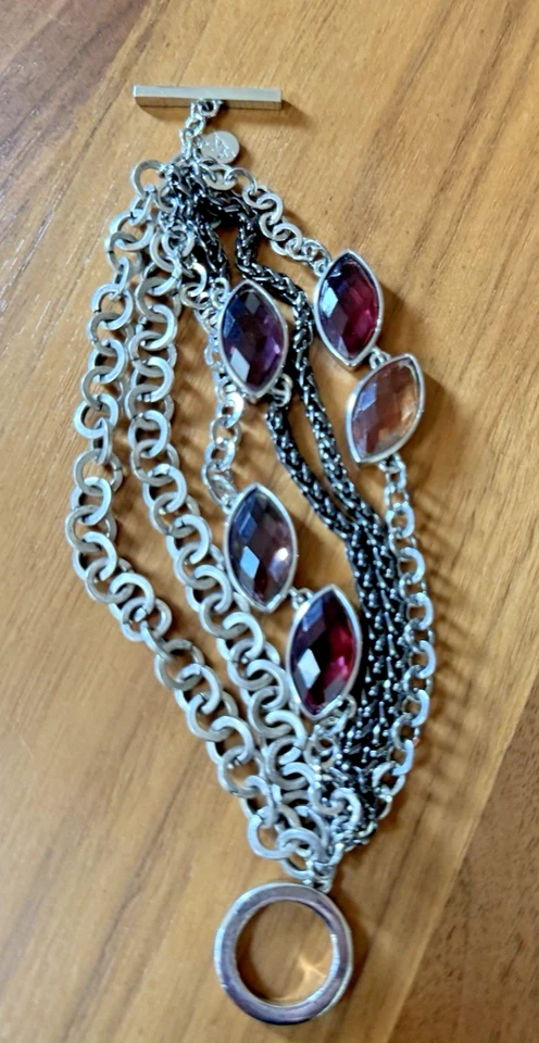 "Brazalete de palanca de 6 cadenas Anne Klein con piedras de vidrio ámbar granate 7,5"" etiqueta AK Y2K" Foto 2 de 4