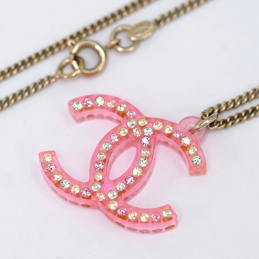CHANEL CC Logos Rhinestone Pink Lucite Necklace 23