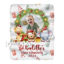 Personalized Baby's First Christmas Blanket, Safari Animals Baby Photo Blanket