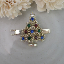 Vintage Rhinestone Christmas Tree Gold Tone Hair Barrette