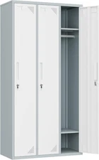 Metal Locker with 3 Doors, Steel Storage Cabinet with Hooks, 71" Grey White