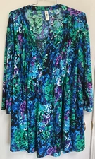 La Cera Pintuck Blue Green Purple Tunic 3/4 Sleeves Stretch Womens Size 1X Top