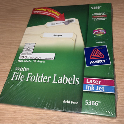 Avery 5366 - File Folder Labels White 1/3 Cut 2/3''x3-7/16'' Laser/Ink - 1500 Qty