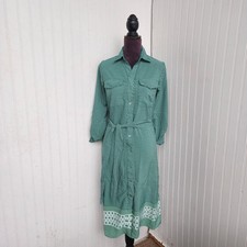 Ny Collection Green Geometric Printed Long Sleeve Roll Tab Shirtdress Dress Sz S