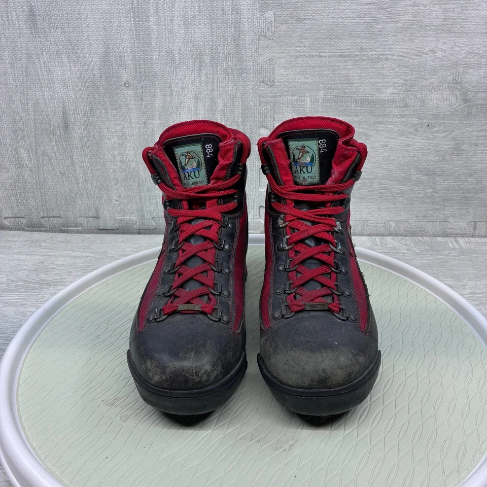 Botas de caminhada masculinas vintage de couro AKU 8,5 preto vermelho montanhismo feitas na Itália - Imagem 3 de 4