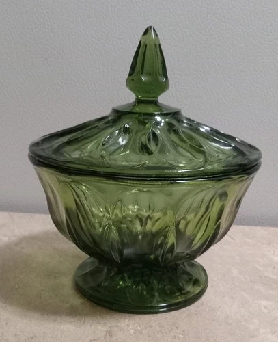 Vintage Fairfield Anchor Hocking Glass Candy Dish with Lid Avocado Green MCM