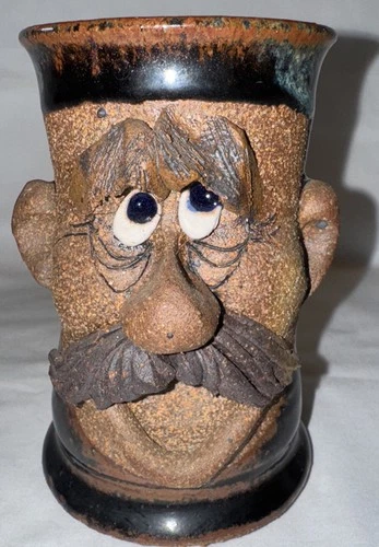 Vintage Ugly Funny 3D Face Mug, MMS Mahon Stoneware Pottery Mustache Man