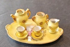 Vtg Limoges France porcelain miniature Yellow/Gold Tea set Courting Couple 8pc
