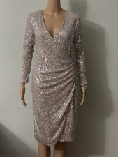 NWT Express Sequin Ruched Midi Dress Champagne Gold Rose V-Neck Long Sleeve XS