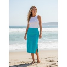David Brooks VTG Linen Embroidered Midi Skirt Womens 14 Blue Summer Coastal Chic