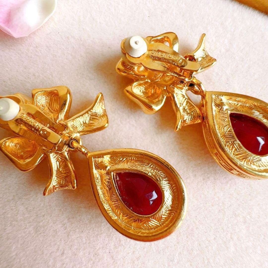 Givenchy Vintage Ruby Red Large Ribbon Earrings, … - image 3