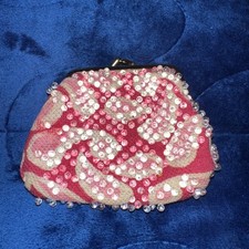 vintage Paisley coin purse pink and White beads kiss lock clasp