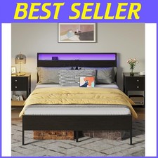 LED Full Bed Frame with Headboard, Charging Station  Noise-Free Design, Black