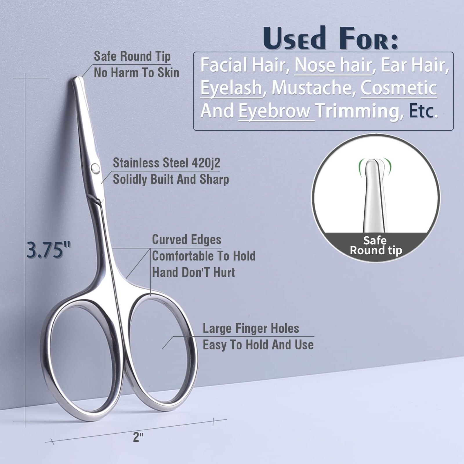 3.75" Nose Hair Scissors, round Tip Small Facial Mustache Scissors for Men'S Tri