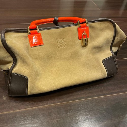 Auth LOEWE Amazona Suede Leather Handbag Beige Orange Vintage 38cm 20cm 17cm