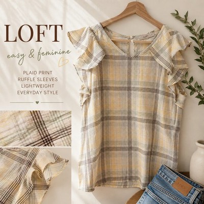 LOFT Plaid Ruffle Sleeve Blouse Womens Small Yellow Neutral Lightweight Top