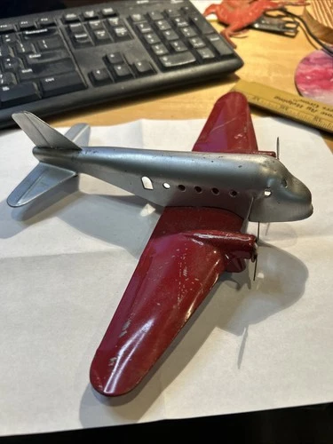 Vtg 1930's Marx Toy tin airplane 7" Twin engine Propeller Antique Silver red
