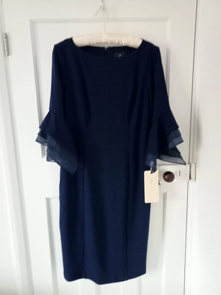 Vestido Adrianna Papell azul crepé manga en capas. Talla 12. Nuevo con etiquetas.