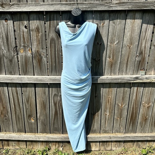 PrettyGarden Blue Solid Cowl Neck Sleeveless Ruched Stretch Maxi Dress XL
