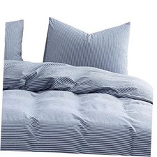 - Washed Cotton Duvet Cover Set, White Striped Ticking Pattern Printed on King