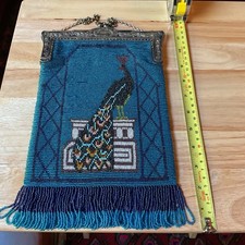 Beautiful Blue Peacock Beaded Purse With Intact Fringe. Silver Plated Frame 11x7