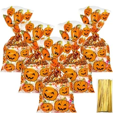HESTYA 50 Counts Halloween Treat Cellophane 50 Count (Pack of 1), Pumpkin 