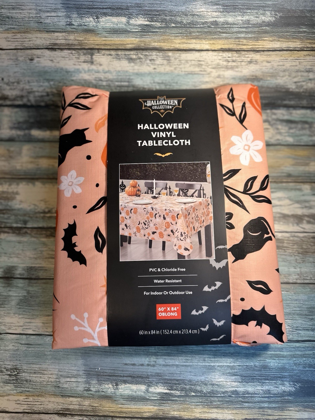 NEW Halloween Vinyl Tablecloth Oblong 60” x 84” 🐈‍⬛ Kitties Pumpkins 🎃 Spiders