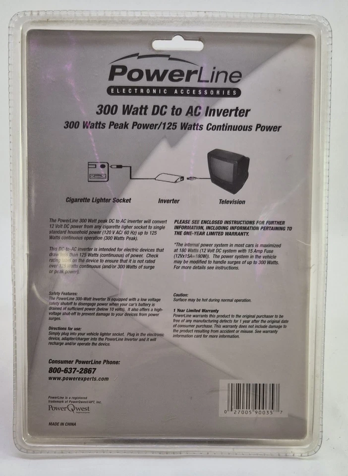 POWERLINE 300 WATT PEAK DC TO AC INVERTER 125 WATTS CONTINUOUS OPERATION - Image 2 of 2
