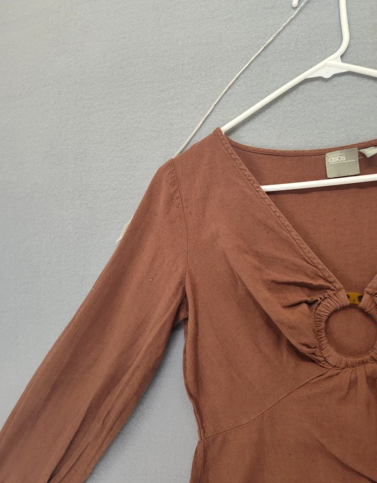 ASOS Dress Womens 4 Brrown Long Sleeve Linen Blend Boho Circle Ring Detail Mini - Image 2 of 4