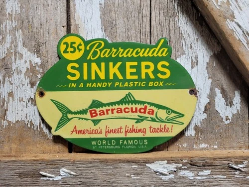 VINTAGE BARRACUDA SINKERS PORCELAIN SIGN OLD FISHING TACKLE LURES FLORIDA FISH