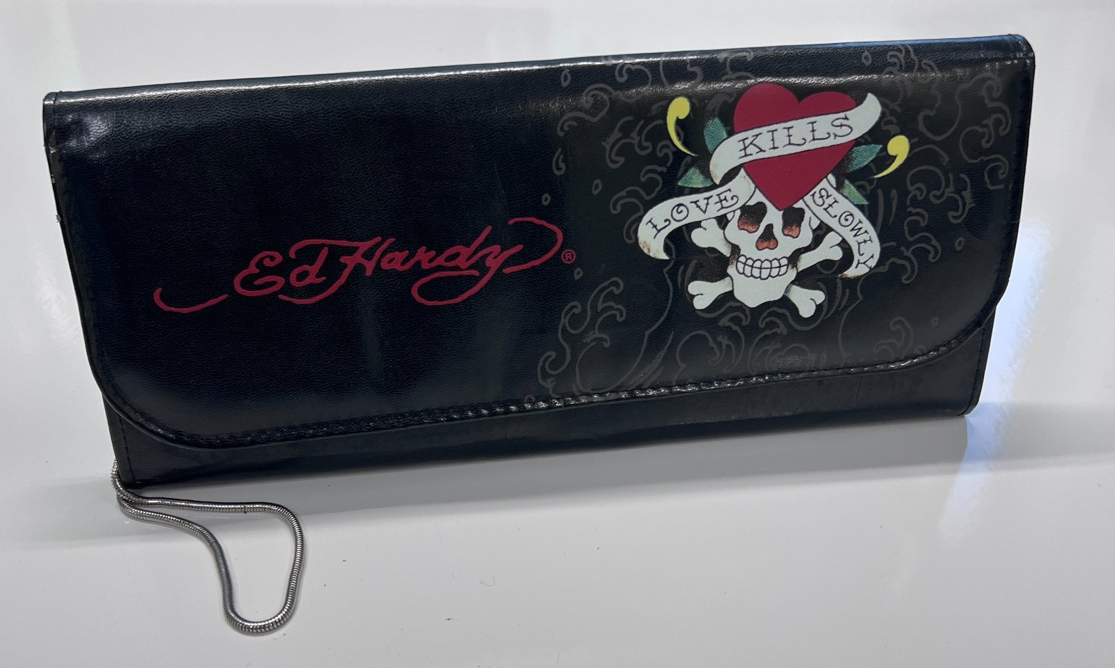 Ed Hardy Love Kills Slowly Skull Clutch Wallet Purse Black Snake Chain Y2K