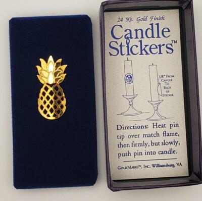 2 Vintage Gold Marks Williamsburg Pineapple Candle Stickers 24KT Gold Finish NIB