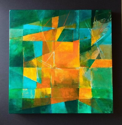 Großes modernes abstraktes Leinwandbild Helen Hew-White signiert Kubismus Klee Stil