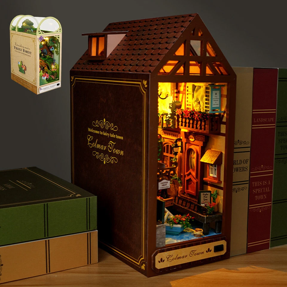 Rompecabezas de madera 3D sujetalibros hágalo usted mismo libro rincón decoración callejón insertar modelo edificios kits A Foto 3 de 4