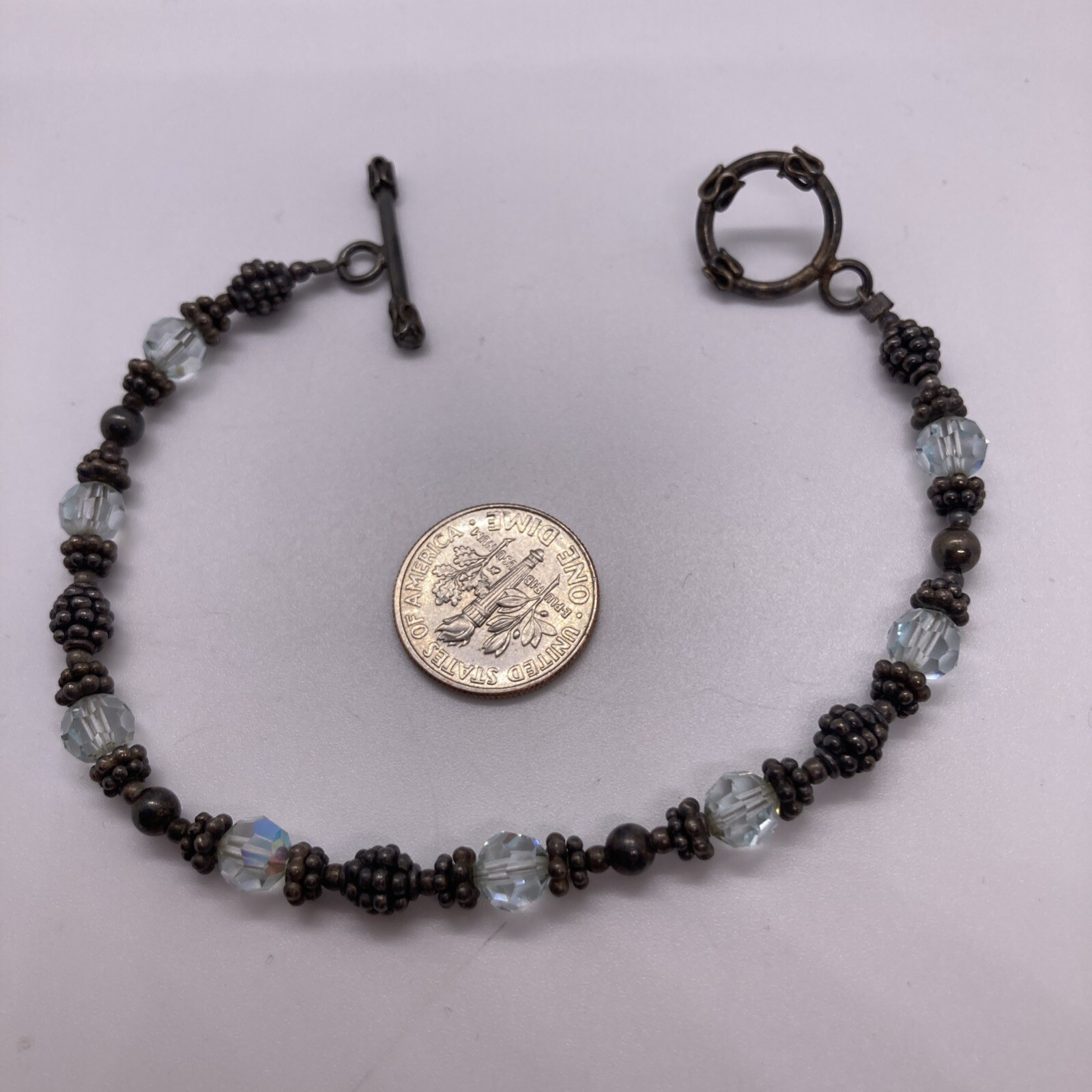 Sterling Silver Beaded Bracelet with Clear Glass Antique Style 7.5 Inches-image