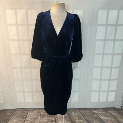 open lace back dress Dark Blue 1960s V-Neck Pleated Velvet Dress main image 1