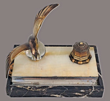 Encrier Art Déco en marbre et bronze – Mouette sur boule verre – 1930