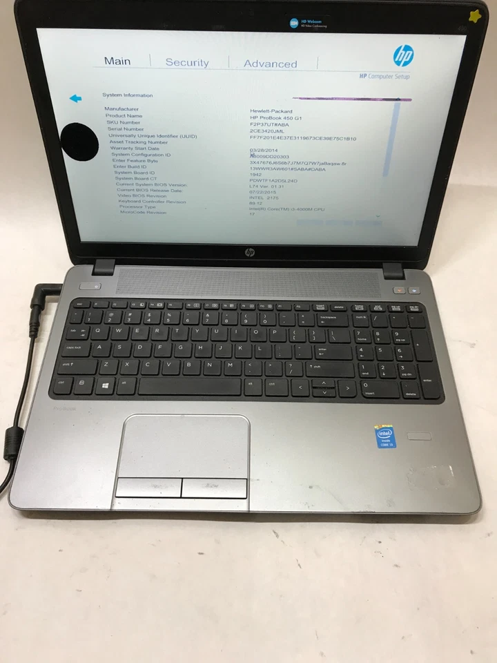 HP ProBook 450 G1 15" Intel Core i3 4GB RAM NO HDD For Parts BIOS LOCK AS IS -DW - Image 4 of 4