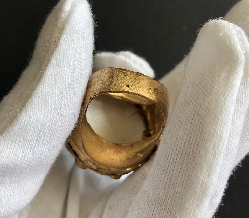 Ancient jewelry inspired 24K Gold Plated Brass Ring, Pearl, Turquoise Stone Sz 8 - Image 4 of 4