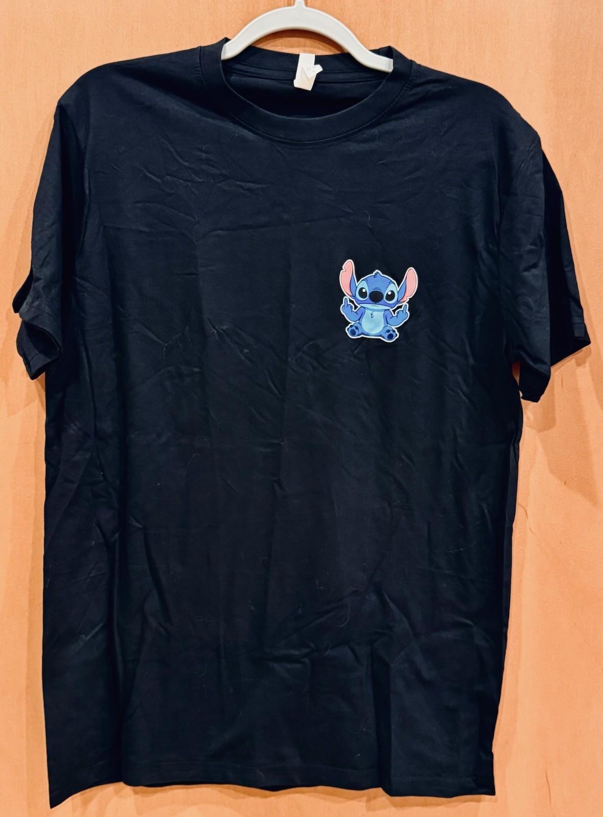 Custom Disney Stitch Logo W/ Middle Fingers Up Black T-Shirt Size Large NWOT