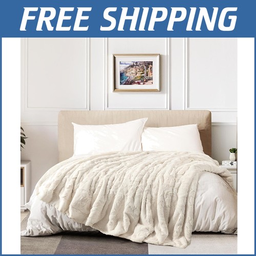 Large Fuzzy Faux Fur Throw Blanket for Bed & Couch - Cozy & Machine Washable
