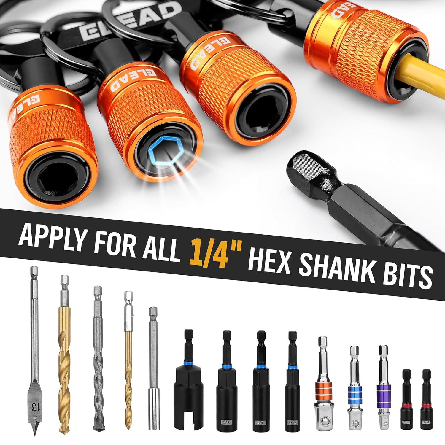 6-Piece Bit Holder Key Chain, 1/4 Inch Orange Hex Shank Bit Holders, Quick Re...