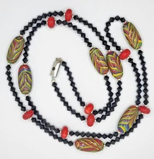 Art Deco Style Venetian Necklace Murano Art Glass Red Black Green Blue Yellow 36