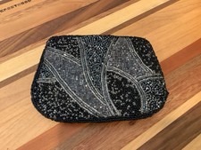 Vintage Magid Hand beaded coin purse Hand Made Black Silver Zip Pouch