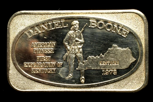 Vintage 1 Oz. .999 Fine Silver Art Bar "Daniel Boone"     US Silver Corp. 1973